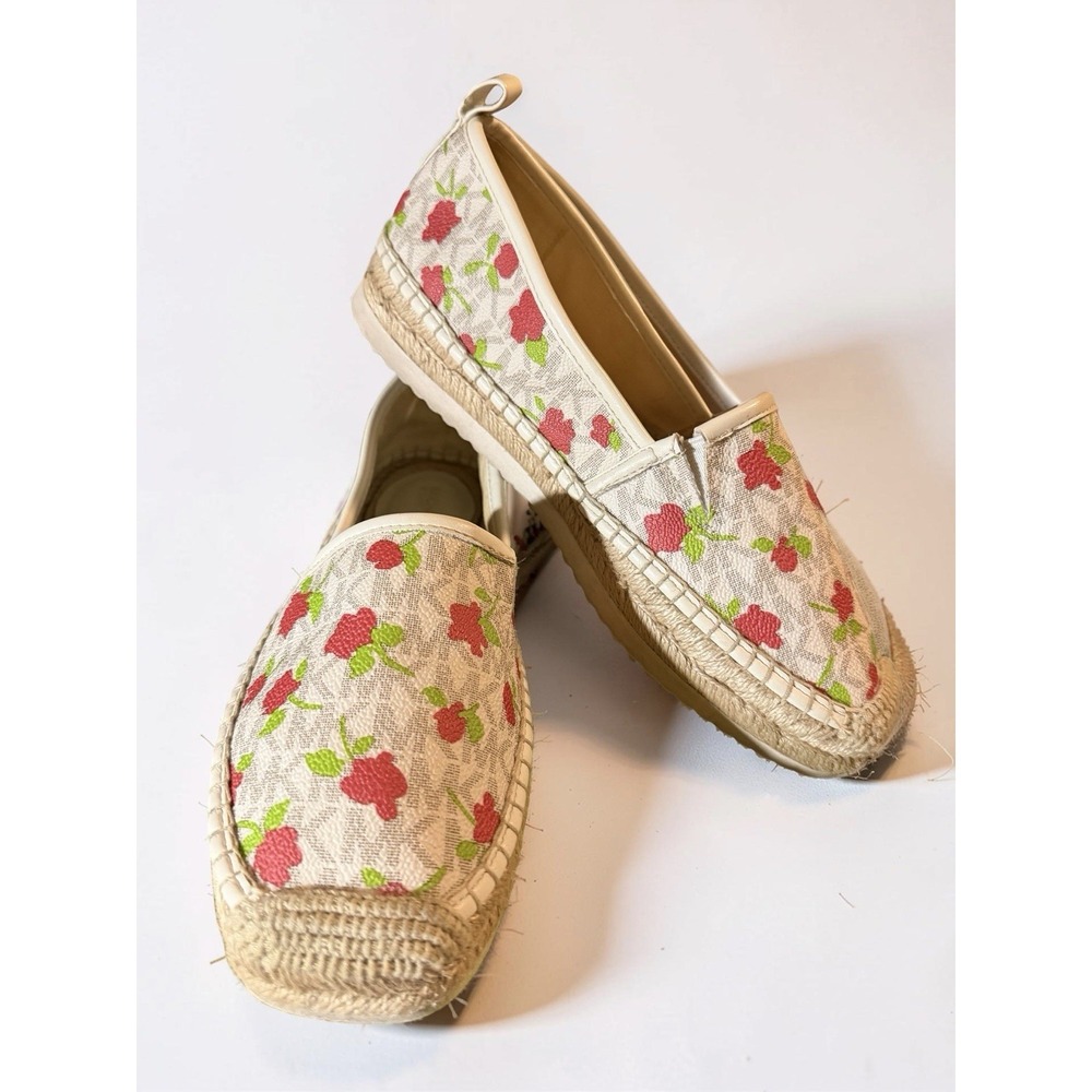 Michael Kors Lenny Espadrille Slip On Wedge Vanilla/Cream MK Floral Sz 6.5M EUC